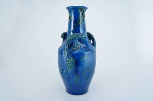 Brannam pottery vase by Charles Hubert Brannam, Barnstable Pottery, blue with koi carp, 1920s ca, English